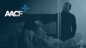 Hospitalized sick child patient falling asleep recovering after illness surgery during medical consultation in hospital ward. Worried parents discussing therapy treatment waiting for disease expertise